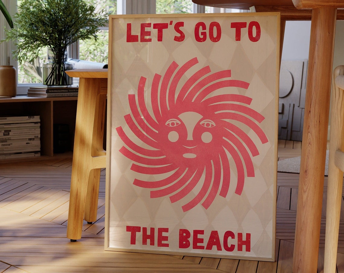 Lets Go To The Beach Retro Red Smiling Sun Face Summer Poster