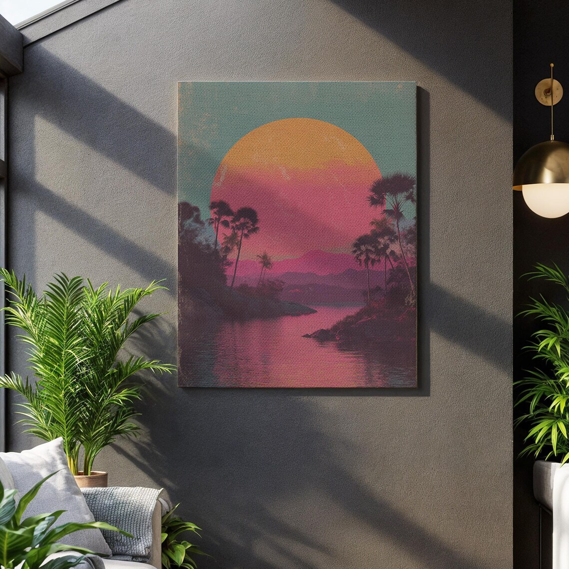 Retro Sunset Landscape, Vaporwave Tropical River Scene