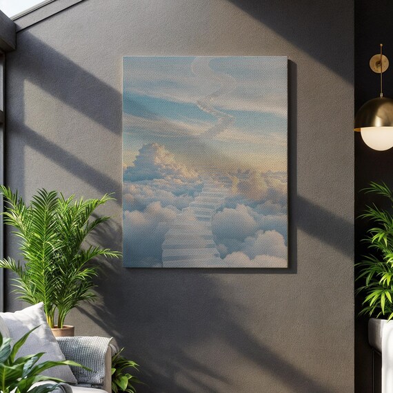 Stairway To Heaven Cloudscape Wall Art Dreamlike Sky And Clouds Painting Framed Gift For Spiritual Serene Inspirational Interiors