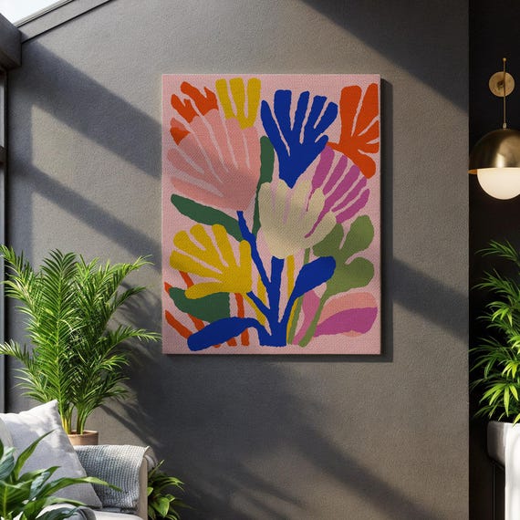 Color Block Botanical Wall Art Abstract Floral Canvas In Bold Pink And Blue Modern Nature Print For Bright Interiors Lovers