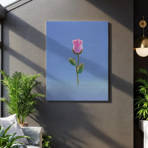 Minimal Pink Rose Canvas Wall Art Elegant Single Stem Flower On Blue Modern Botanical Print Framed Gift For Romantic And Serene Interiors