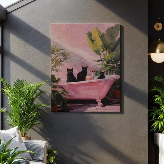 Funny Animal Artwork Framed Quirky Decoration Pink Bathroom Print Maximalist Cat Canvas Plant Lover Painting Bathtub Wall