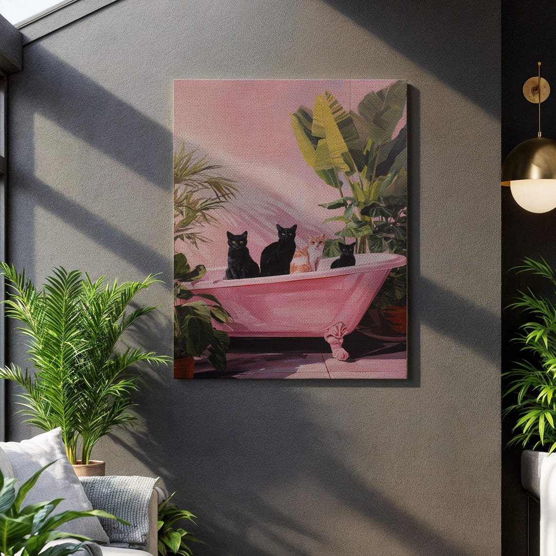 Black Cats in Pink Bathtub Quirky Funny Animal Canvas Wall Art