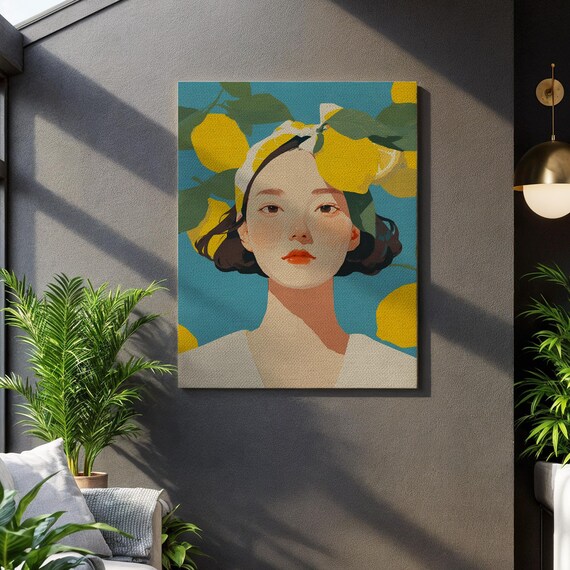 Lemon Girl Portrait Citrus Botanical Bright Modern Portrait Art Poster