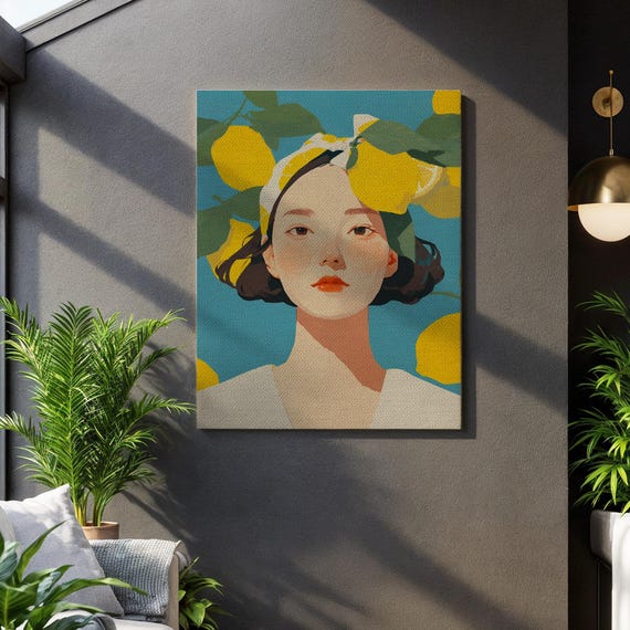 Lemon Girl Portrait Citrus Botanical Pattern Asian Inspired Motif Framed Minimalist Display Vibrant Living Decor Unique