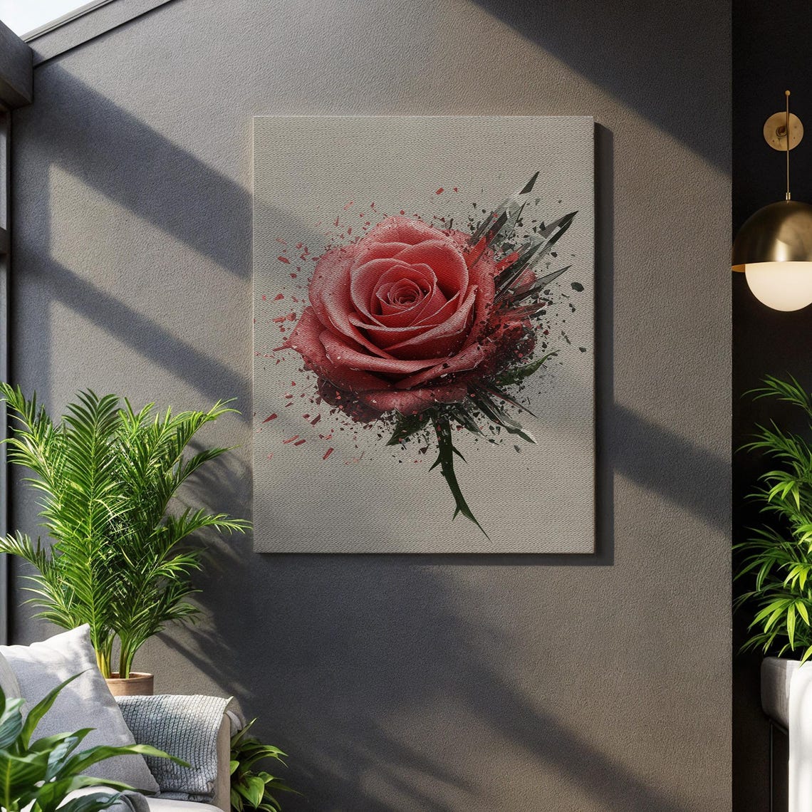 Red Rose Modern Watercolor Splash Botanical Canvas Wall Art Decor