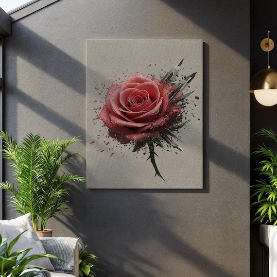 Red Rose Modern Watercolor Splash Botanical Canvas Wall Art Decor