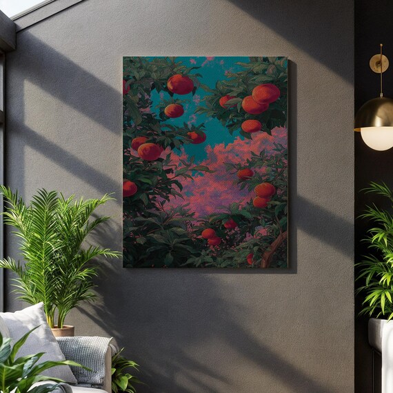 Peach Orchard Morning Dreamlike Fruit Grove Botanical Poster at Dawn