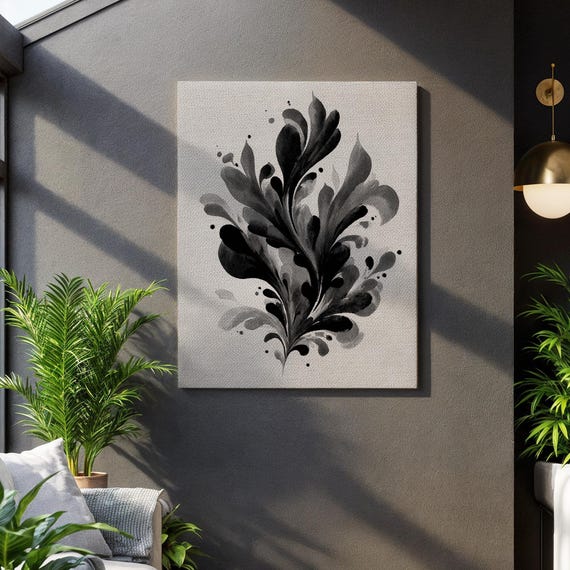 Black Ink Abstract Wall Art Minimalist Monochrome Canvas Print Modern Fluid Painting In Gray Tones For Contemporary Living Room Decor