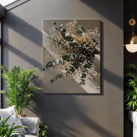 Neutral Botanical Eucalyptus Baby's Breath Bouquet Photo Style Wall Art