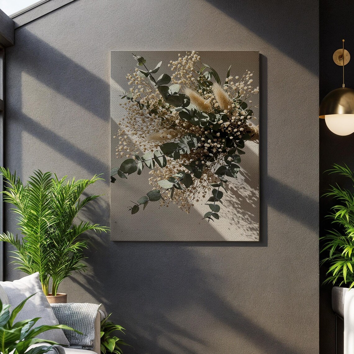 Neutral Botanical Eucalyptus Baby's Breath Bouquet Photo Style Wall Art