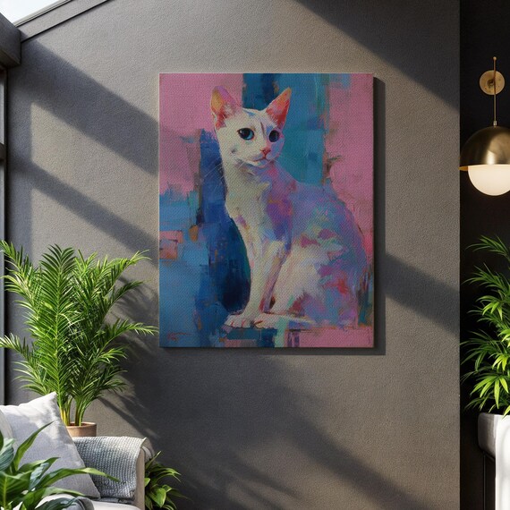White Cat Portrait Blue Pink Background Vibrant Feline Art Poster
