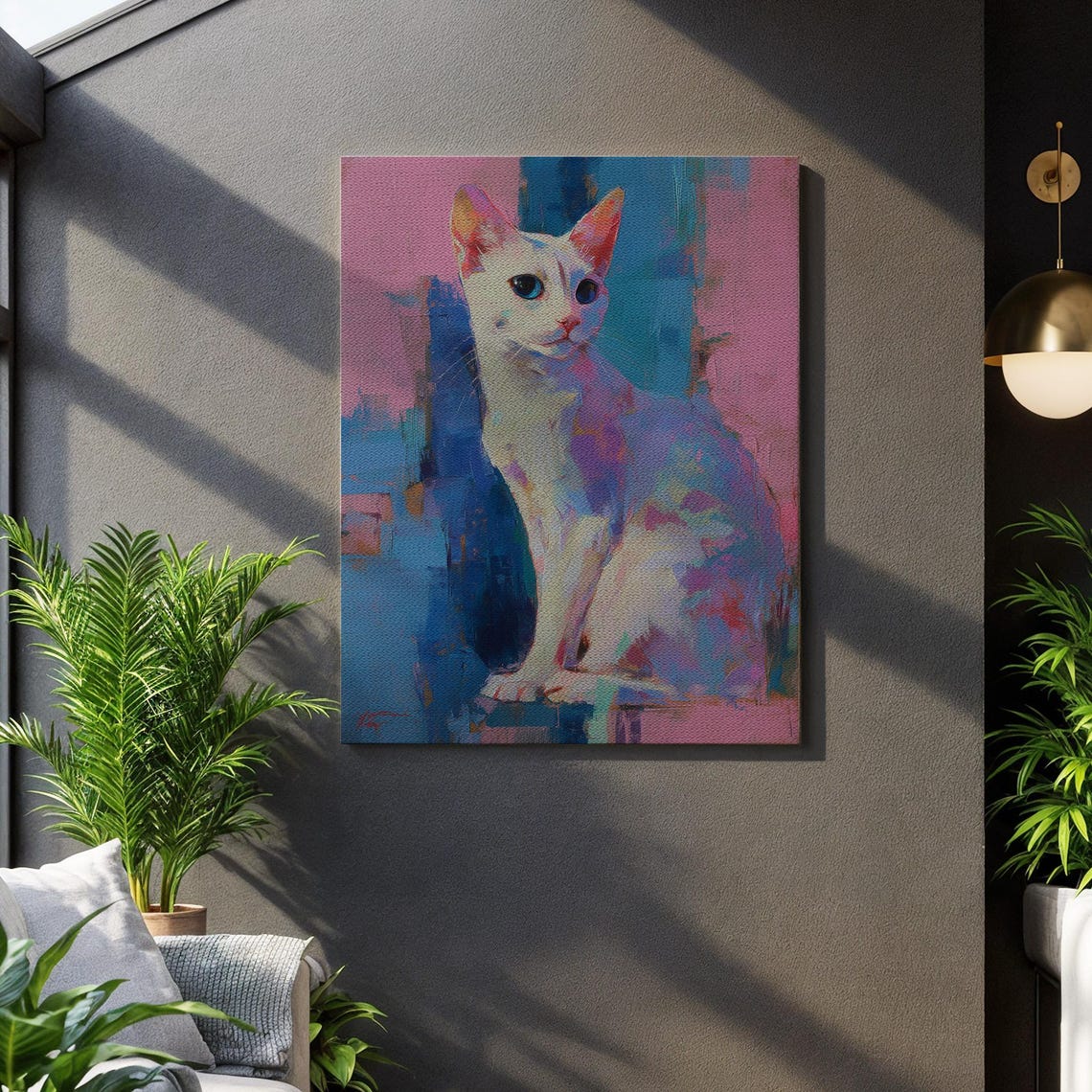 White Cat Portrait Blue Pink Background Vibrant Feline Art Poster