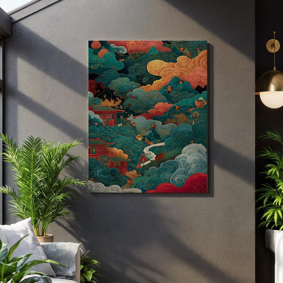 Mystical Asian Mountains Swirling Clouds Temple Canvas Art Poster