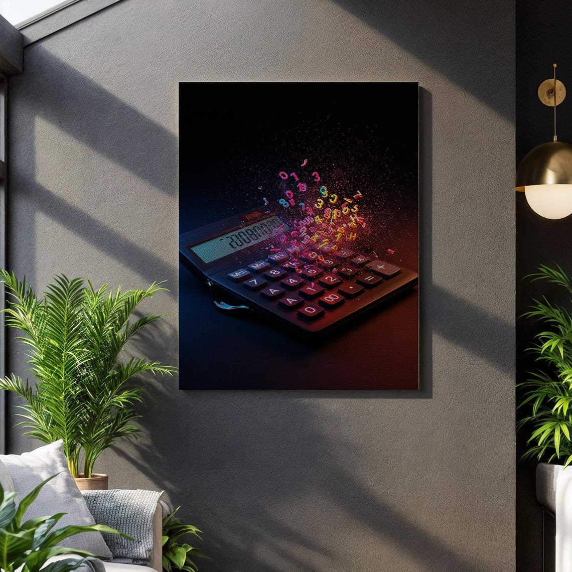 Calculator Explosion Canvas Wall Art Futuristic Math Numbers Print Colorful Surreal Poster Framed Geeky Decor For Modern Spaces