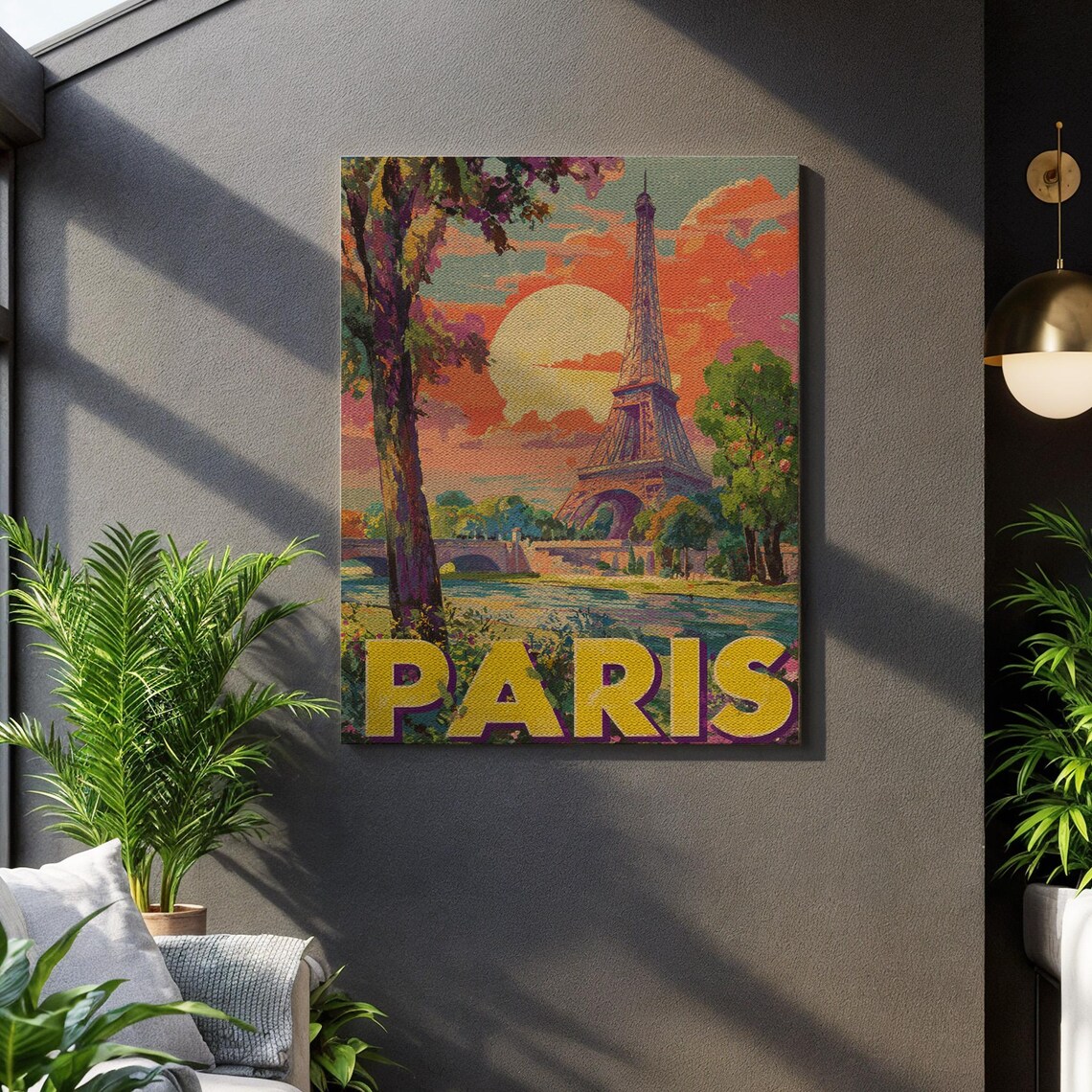 Paris Eiffel Tower Sunset Retro Travel Poster French City Art
