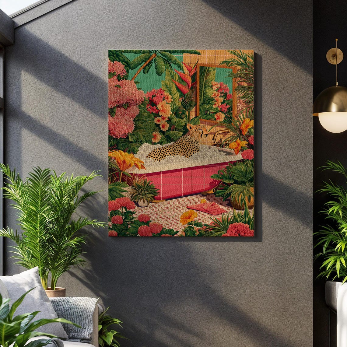 Cheetah In Bathtub Tropical Bathroom Maximalist Jungle Art Poster