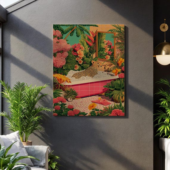 Leopard In Bathtub Tropical Bathroom Artwork Framed Maximalist Decor Quirky Animal Print Pink Floral Canvas Whimsical Painting