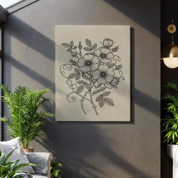 Botanical Line Art Flower Canvas Vintage Black Ink Floral Illustration Print Minimalist Drawing Wall For Nature Inspired Interiors