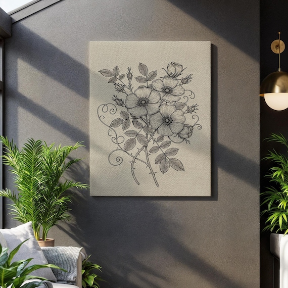 Vintage Black Ink Botanical Line Art Flower Bouquet Minimalist Wall Art