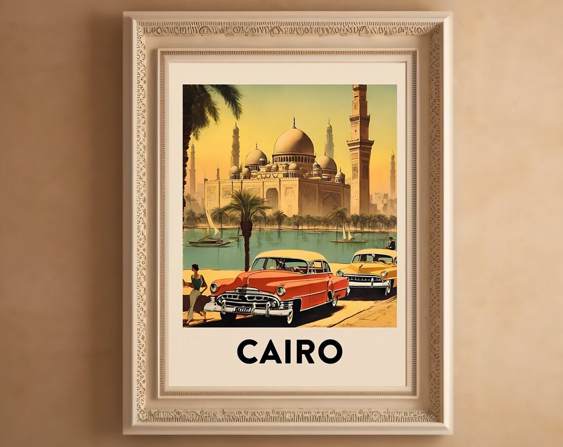 Cairo Vintage Travel Poster, Egypt Pyramid Art Print