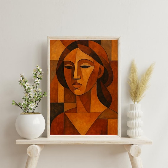 Cubist Woman Portrait Poster Brown Abstract Geometric Face Wall Decor