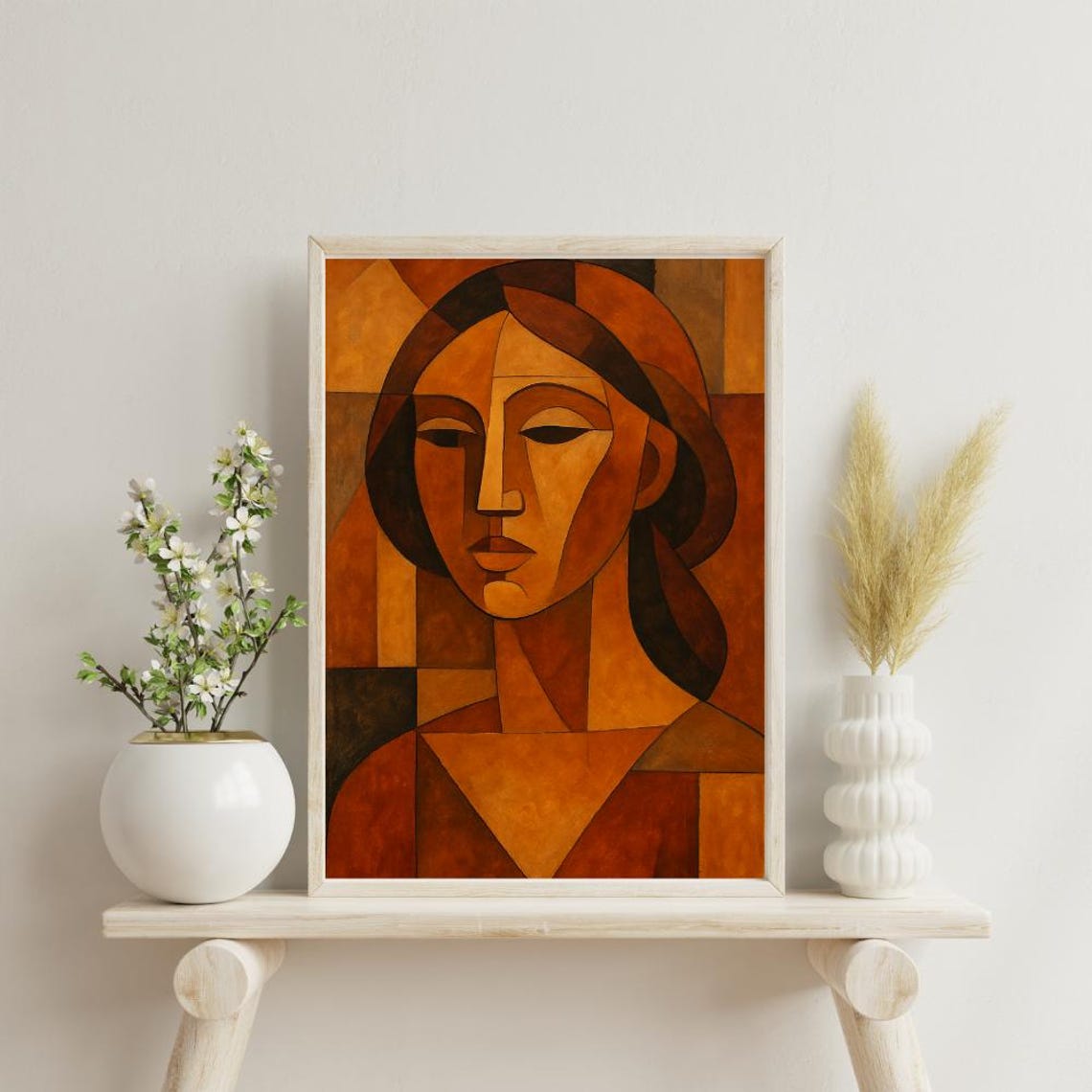 Cubist Woman Portrait Poster Brown Abstract Geometric Face Wall Decor