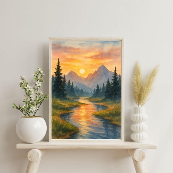 Sunset Mountain Landscape Watercolor Wall Art Nature Print River Forest Painting