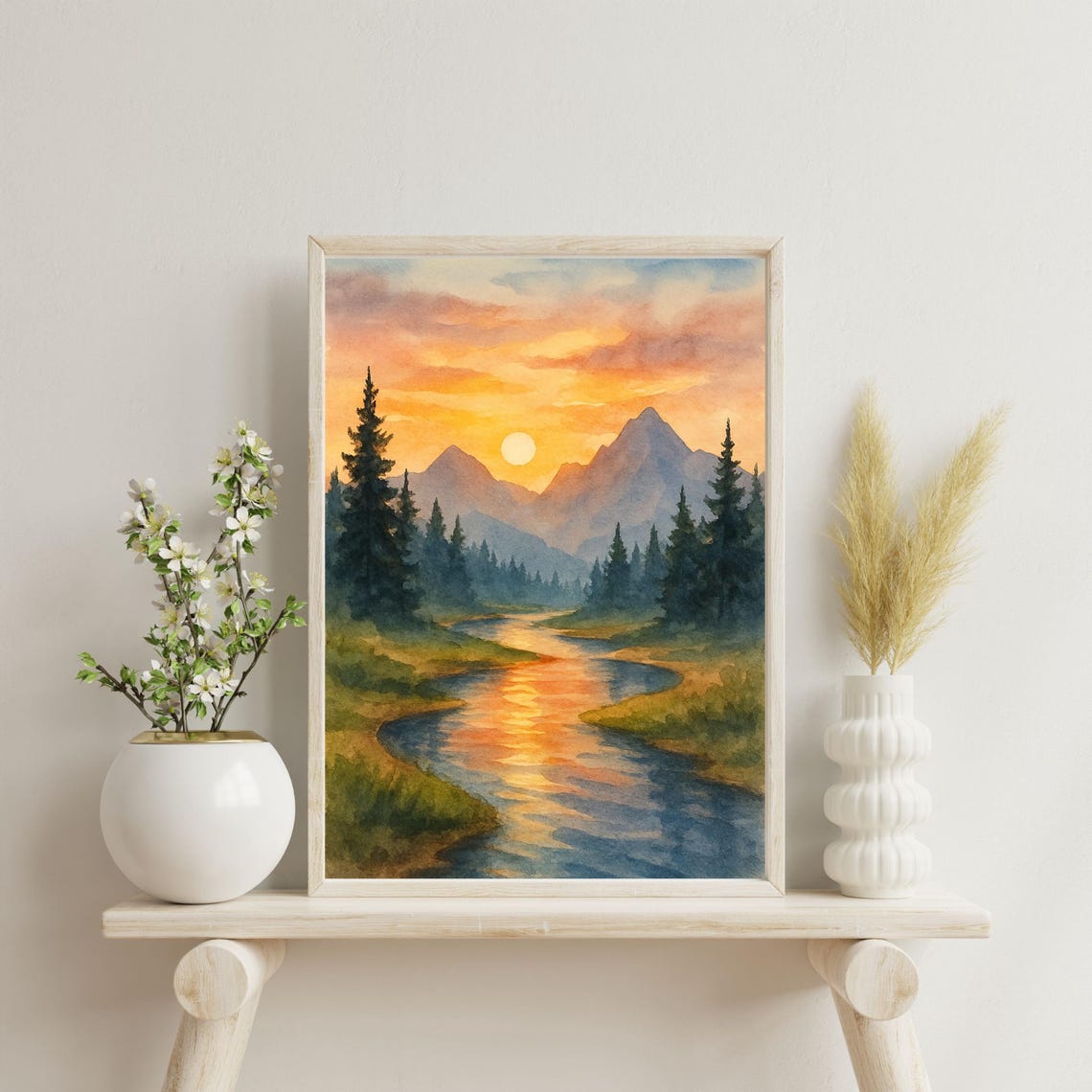 Mountain Sunset River Reflection Watercolor Nature Art Poster