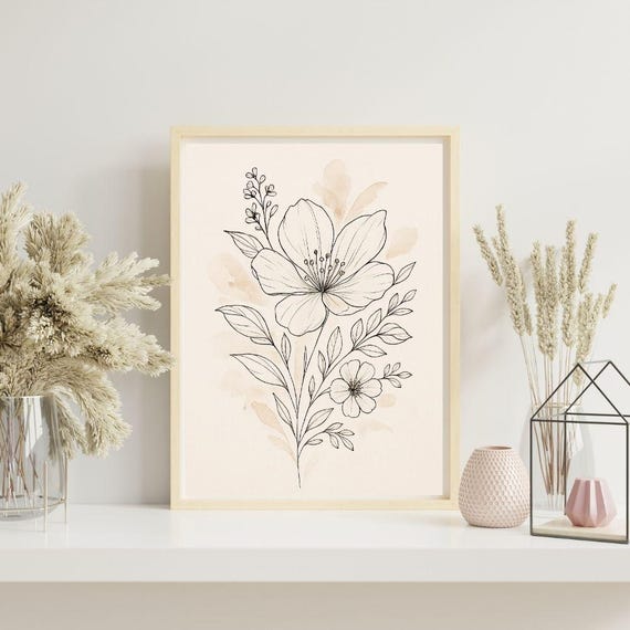 Floral Line Art Minimal Botanical Drawing Modern Flower Wall