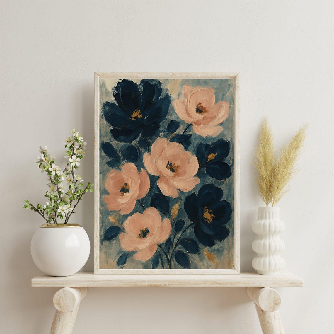 Navy Blush Floral Oil Painting Poster Elegant Botanical Wall Decor