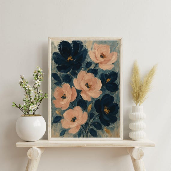 Navy And Blush Floral Wall Art Botanical Oil Painting Style Print Elegant Flower Poster