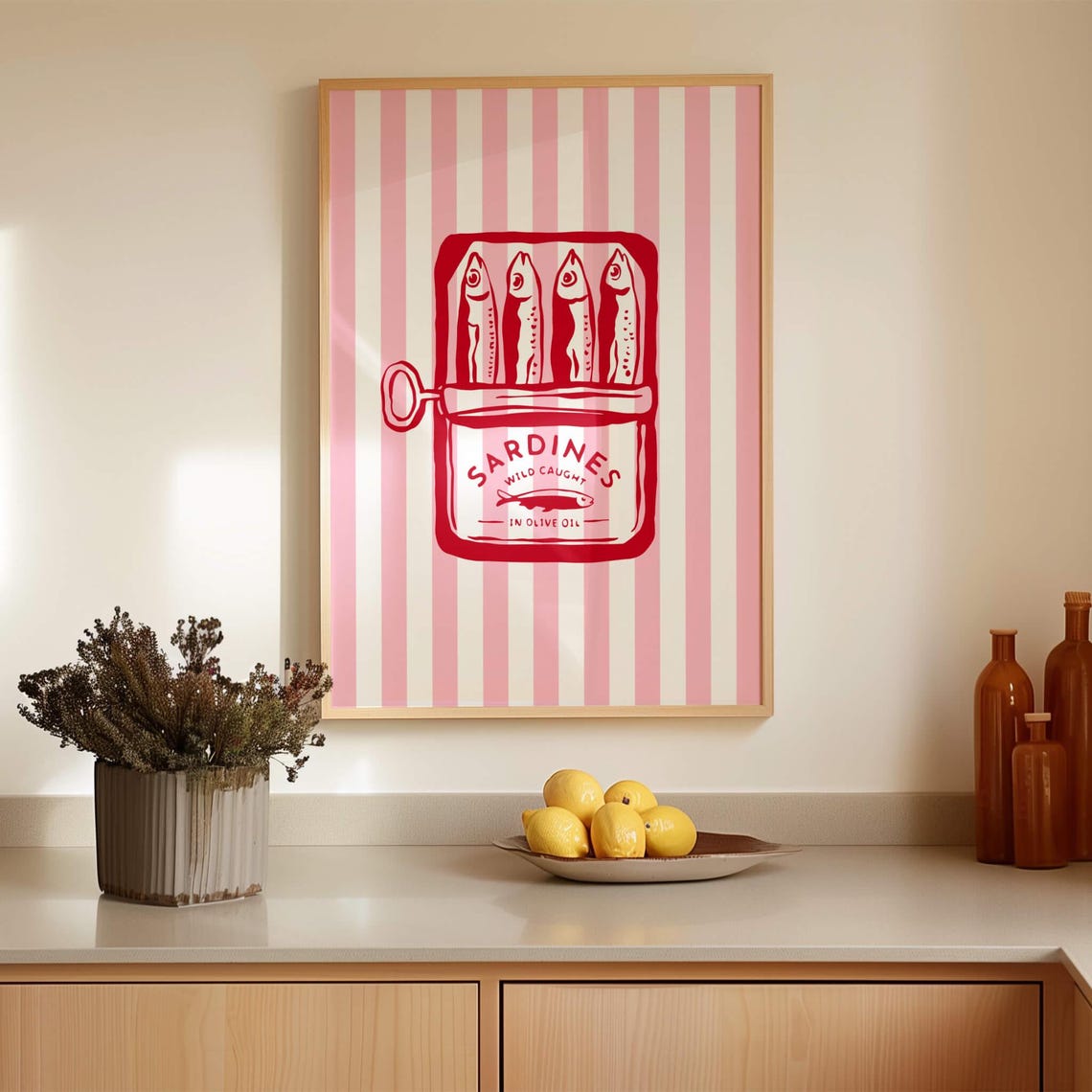 Sardines Wild Caught Tin Poster Red Pink Striped Kitchen Decor - Image 2