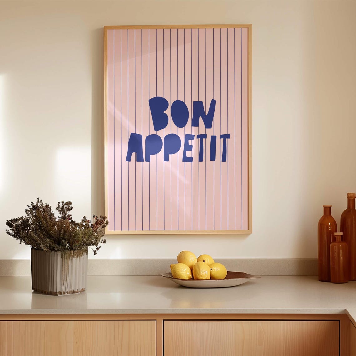Bon Appetit Navy Striped Kitchen Poster Pink French Food Decor - Image 2
