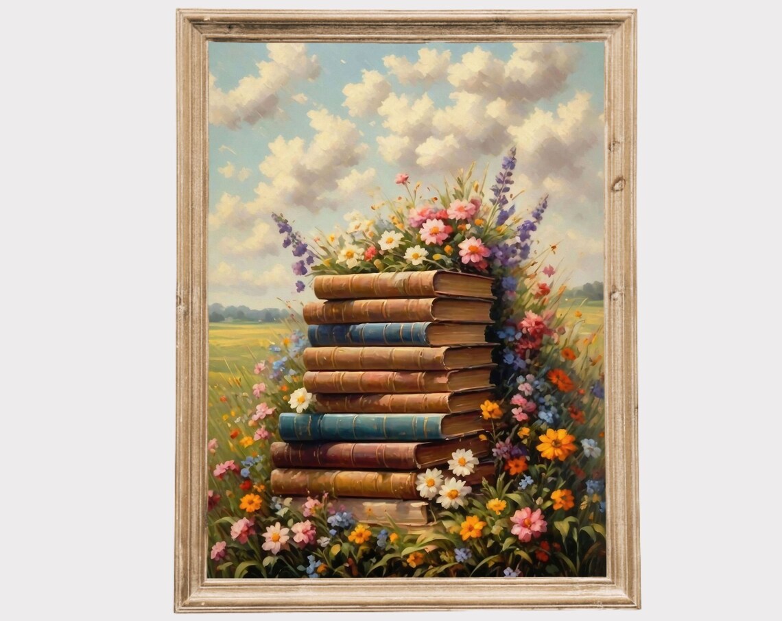 Vintage Book Stack With Wildflowers In A Sunny Meadow Painting Poster