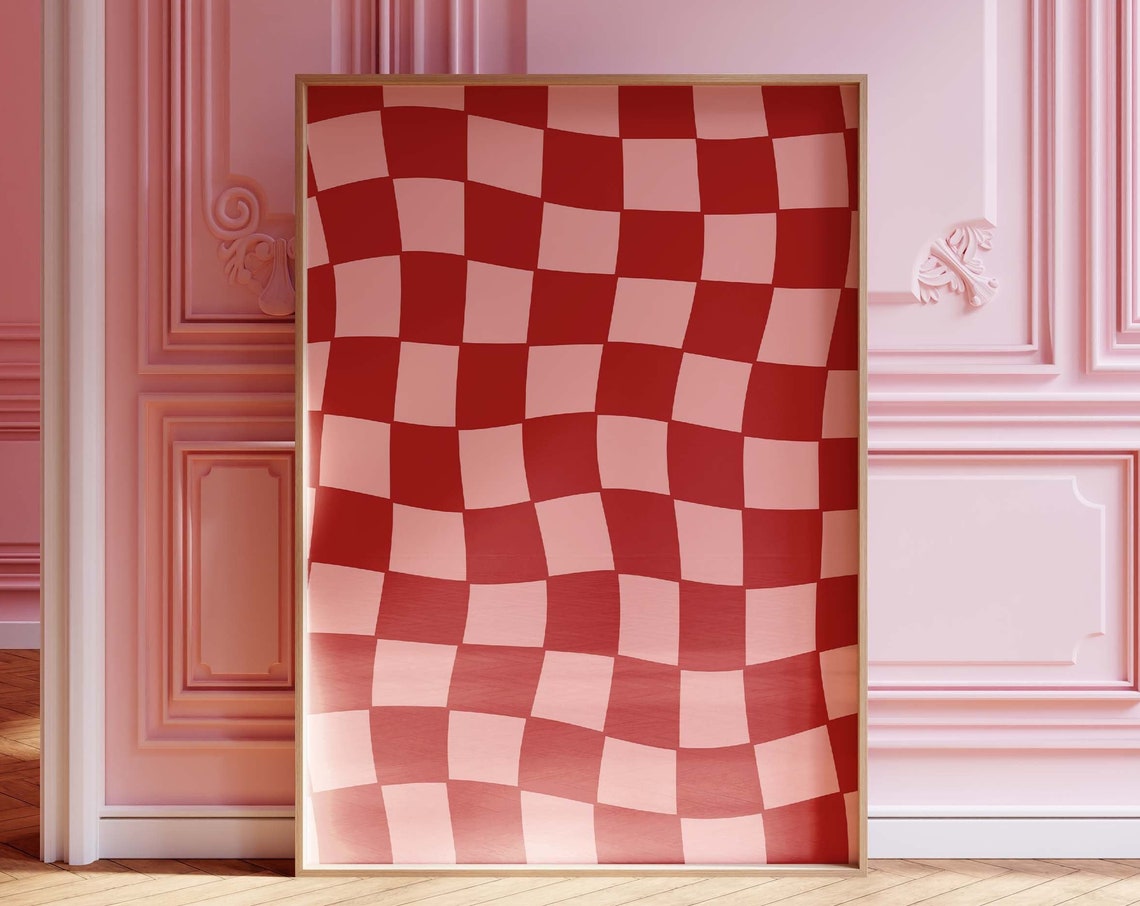 Funky Retro Red Pink Wavy Checkerboard Abstract Modern Wall Art