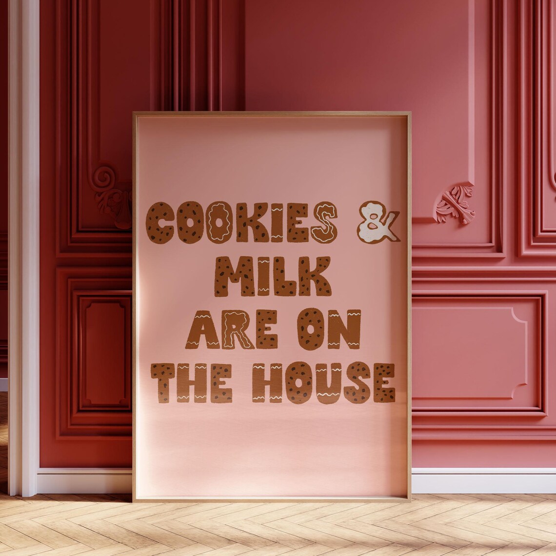 Cookies And Milk Pink Art Print, Christmas Decor