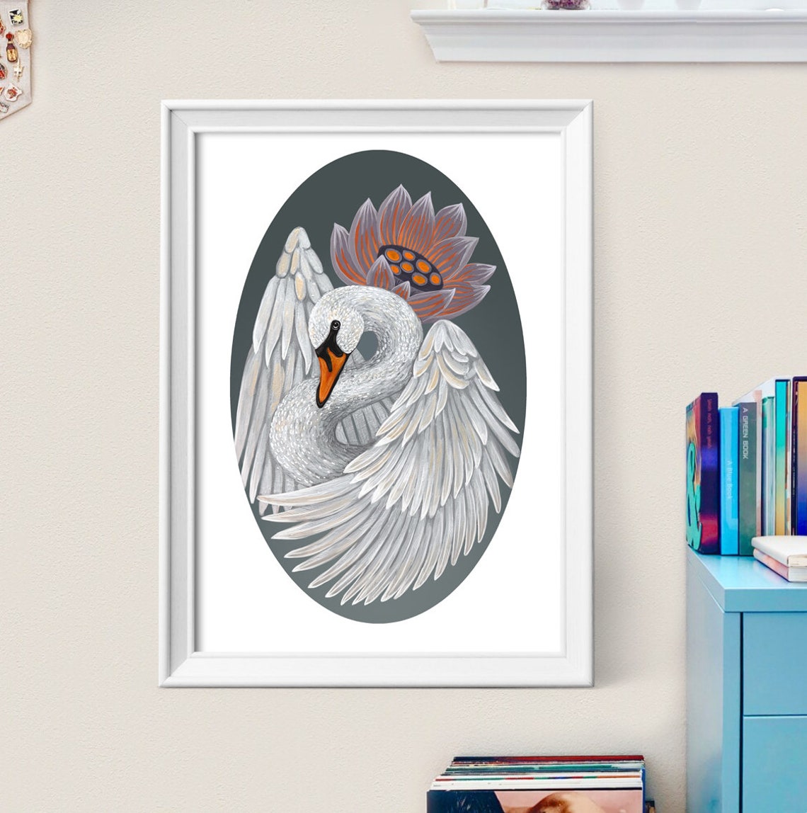 Graceful White Swan With Orange Lotus On Deep Green Elegant Art Poster - Image 4