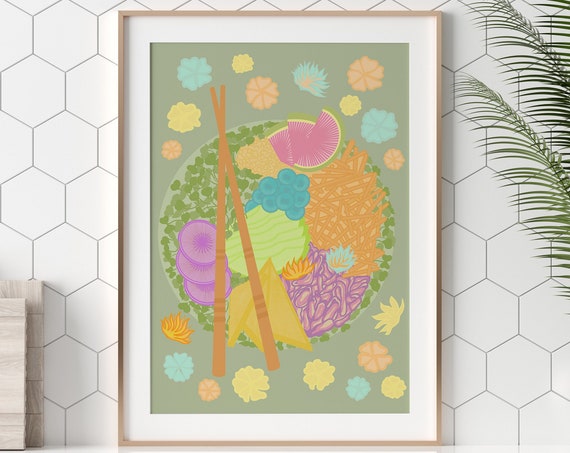 Poke Bowl Illustration, Oriental Food Art Print