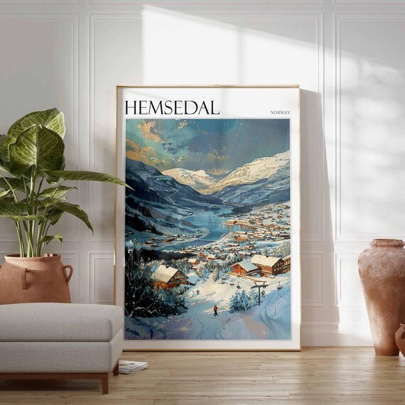 Hemsedal Norway Winter Lakeside Town Snowy Slopes Chairlift Poster