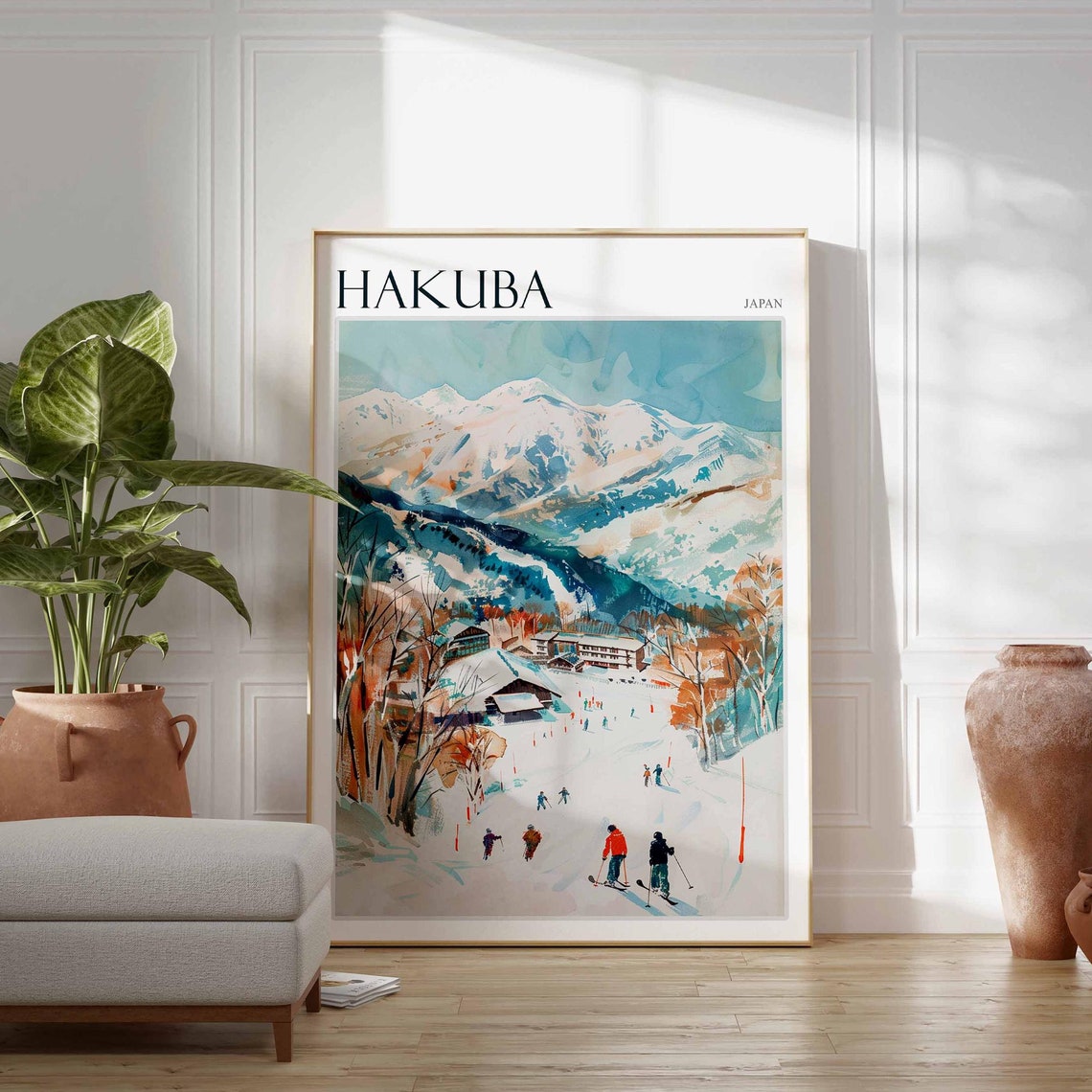 Hakuba Japan Watercolor Skiers Autumn Trees Mountain Art Poster