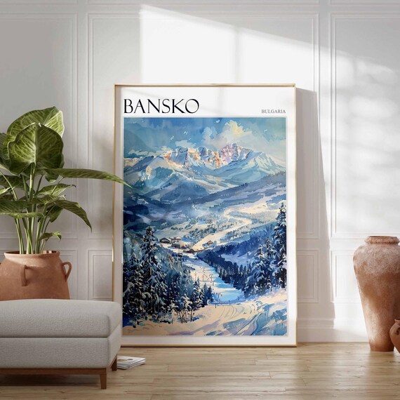 Bansko Bulgaria Watercolor Mountain Valley Ski Runs Scenic Poster