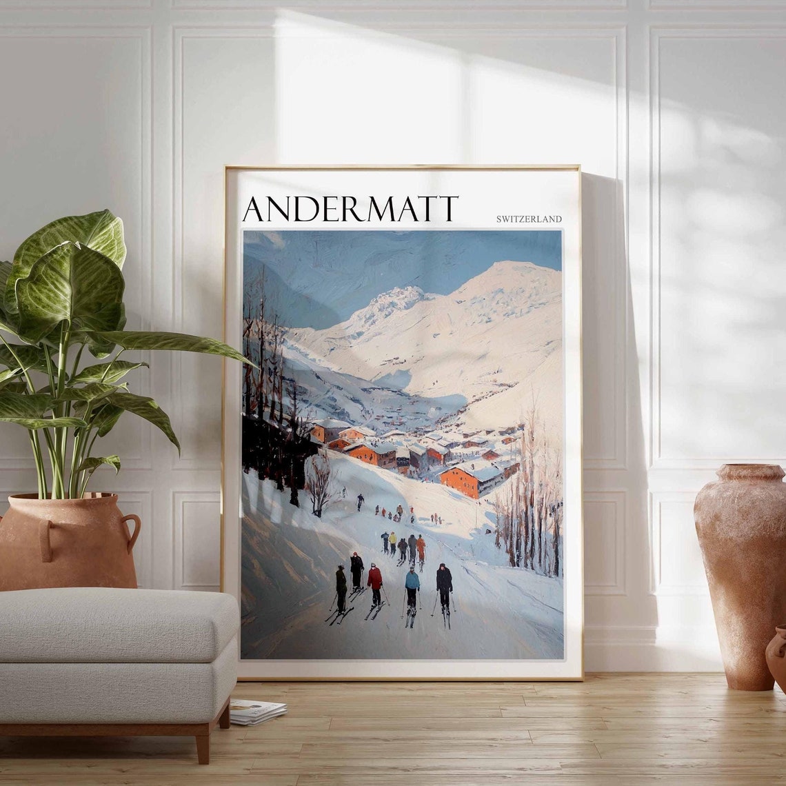 Andermatt Switzerland Skiers Heading To Snowy Village Slopes Poster