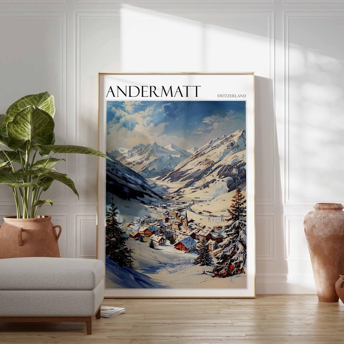 Andermatt Switzerland Snowy Valley Village In Blue Mountain Poster