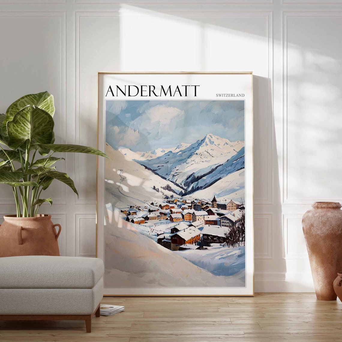 Andermatt Switzerland Winter Valley Village Between Snow Peaks Poster
