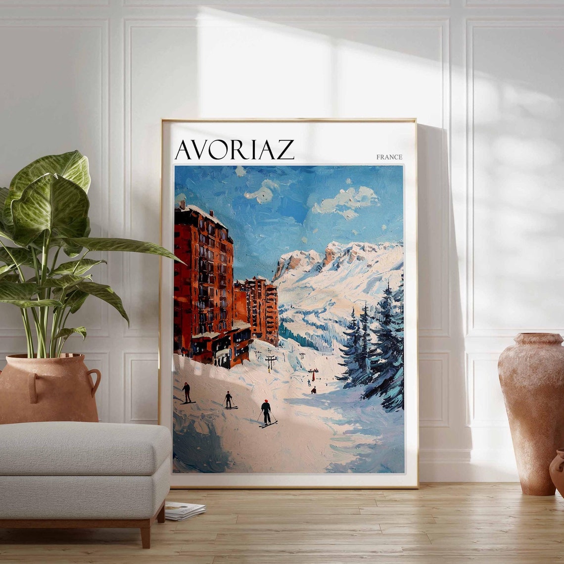 Avoriaz France Skiers Slope Red Apartment Blocks Alpine Poster