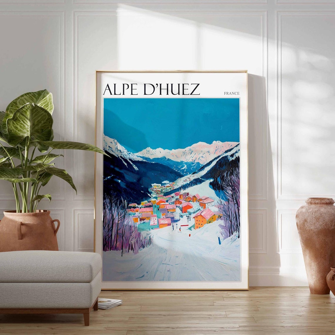 Alpe DHuez France Teal Sky Over Colorful Mountain Village Poster