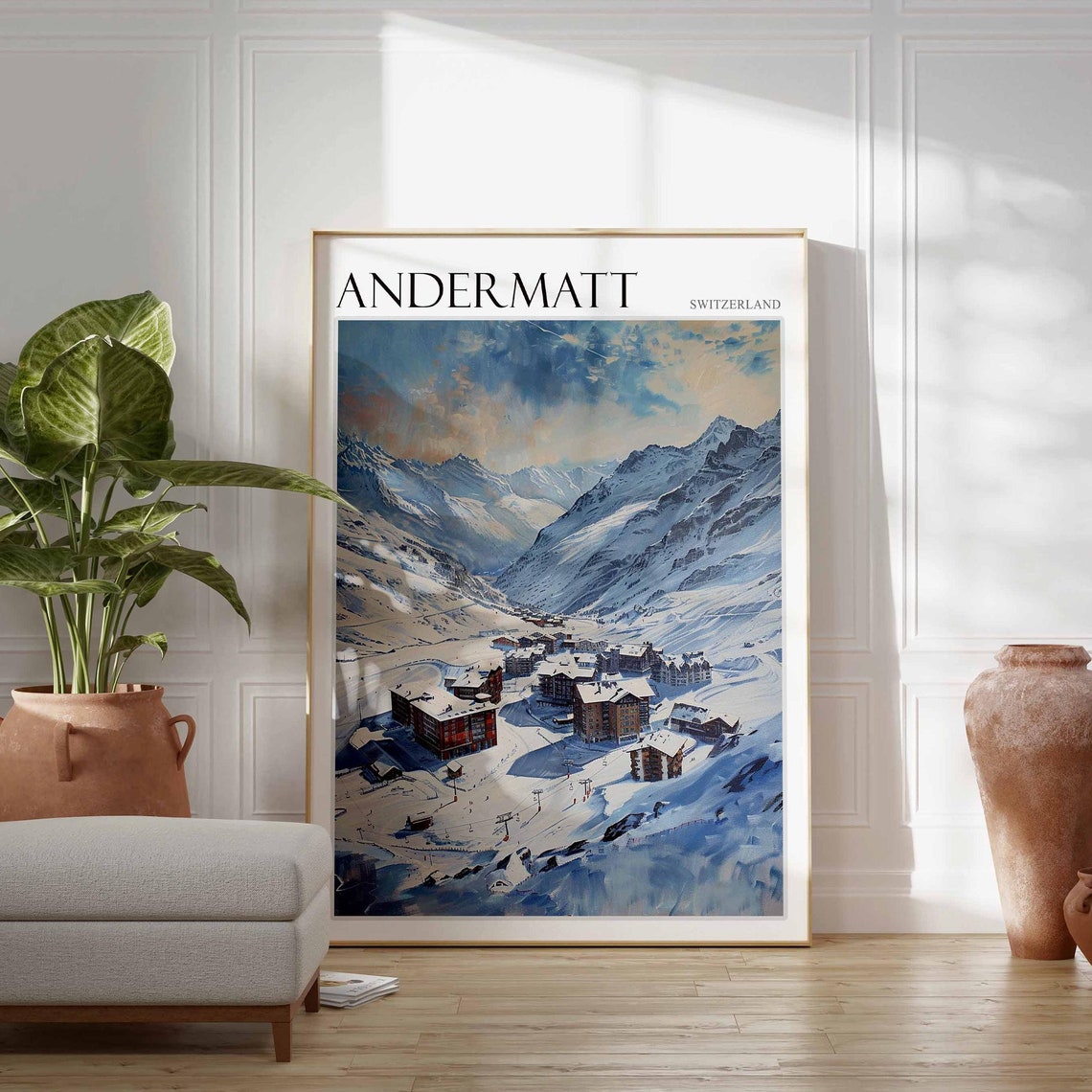 Andermatt Switzerland Ski Resort Chalets At Blue Winter Dusk Poster