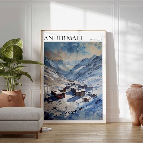 Andermatt Switzerland Ski Resort Chalets At Blue Winter Dusk Poster