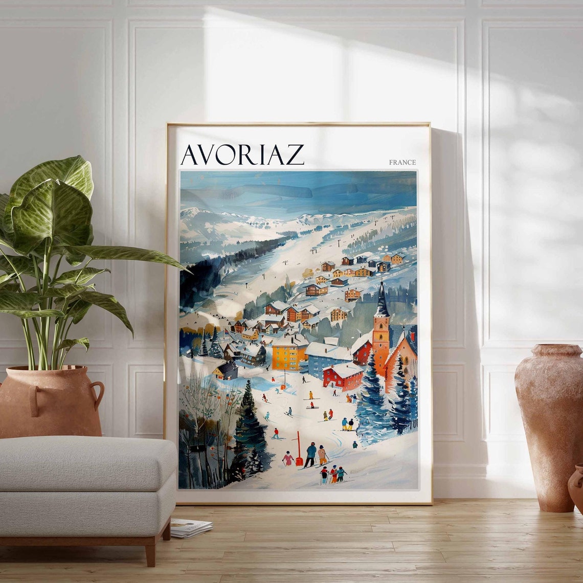 Avoriaz France Village Church Spire Skiers Watercolor Scene Poster
